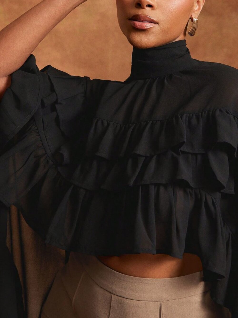 Black Women's Sheer Chiffon Layered Ruffle Mock Neck Hem Top - Picture 5 of 5